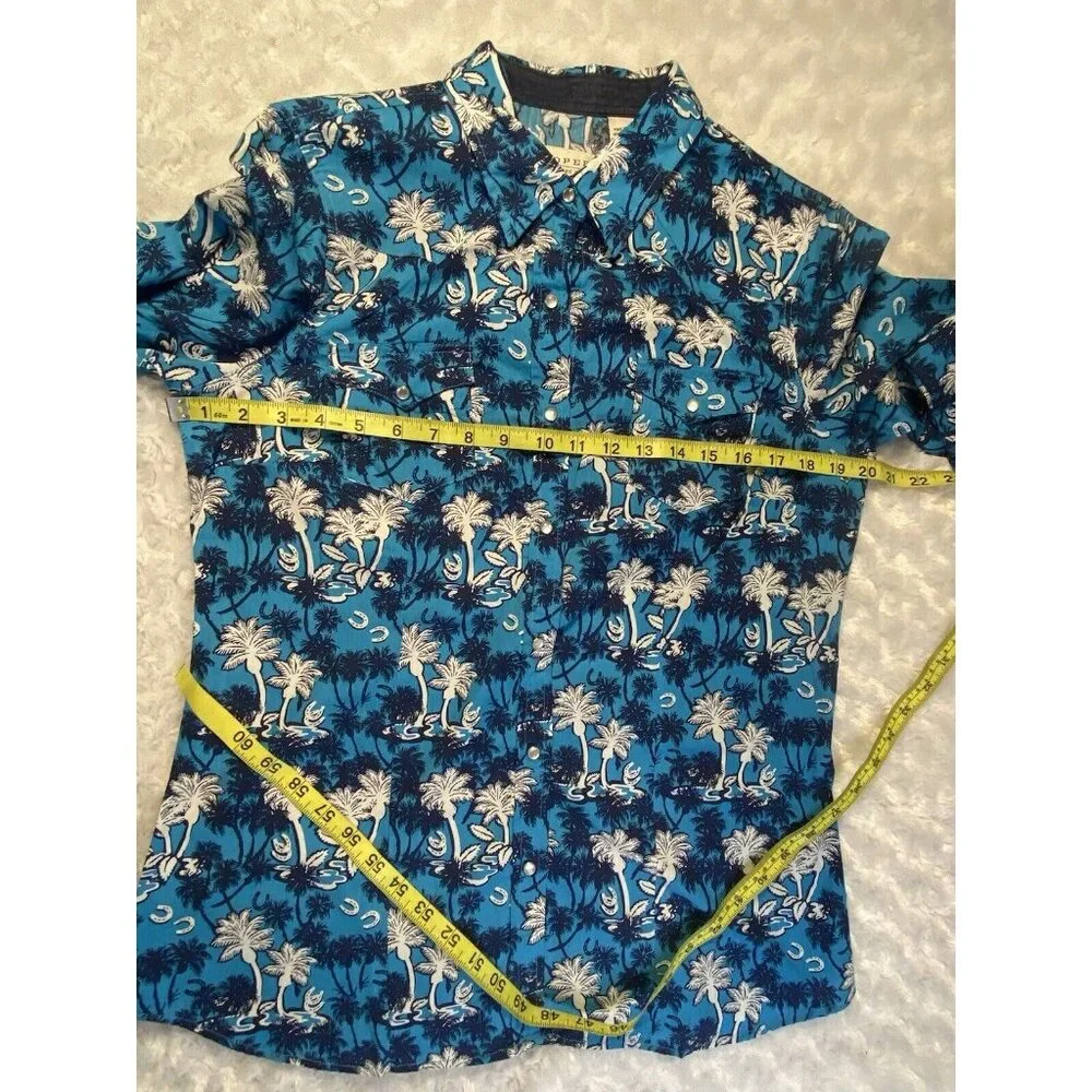 Roper Women's Blue Palm Tree Horseshoes rodeo ready Pearl Snap Western Shirt M - Picture 8 of 10